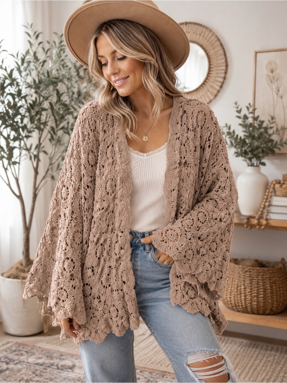 POL Taupe Chenille Crochet Open Front Cardigan One Size Boho Oversized - Picture 1 of 6